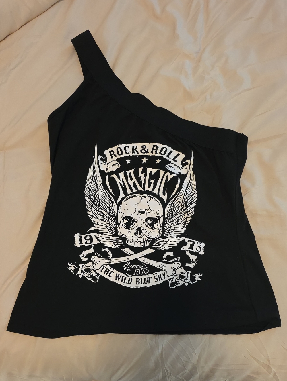 Black Stretchy One-Shoulder Rock & Roll Graphic Tank Top